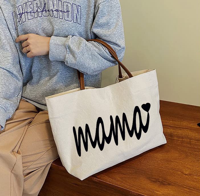 D DASAWAN Canvas Mama Tote Bag - Reusable Grocery Mom Bag for Mother’s Day Gifts,Mom Birthday Presents,Shopping,Travel