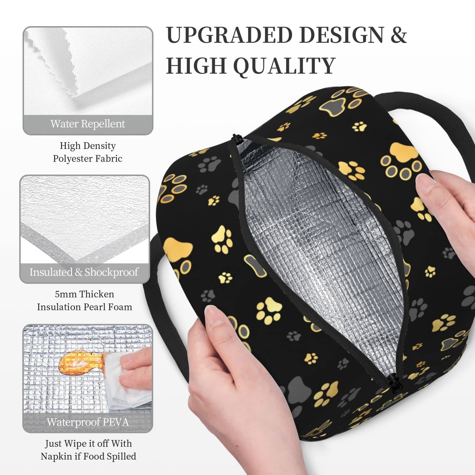 Niuyoif Gold Dog Paw Print Lunch Box Reusable Insulated Waterproof Lunch Bag Cooler Tote Box With Pocket Zipper Closure For Women Men Work/Travel/Picnic