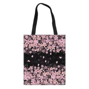 HUGS IDEA Cherry Blossoms Linen Tote Bag with Handles for Women Girls Reusable Grocery Handbags Shopping Beach College Bookbags