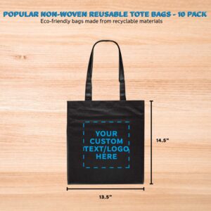 Tote Bags - Non-Woven Bag Totes - 10 pack - Customizable Text, Logo - Reusable Polypropylene Cloth Fabric - Black