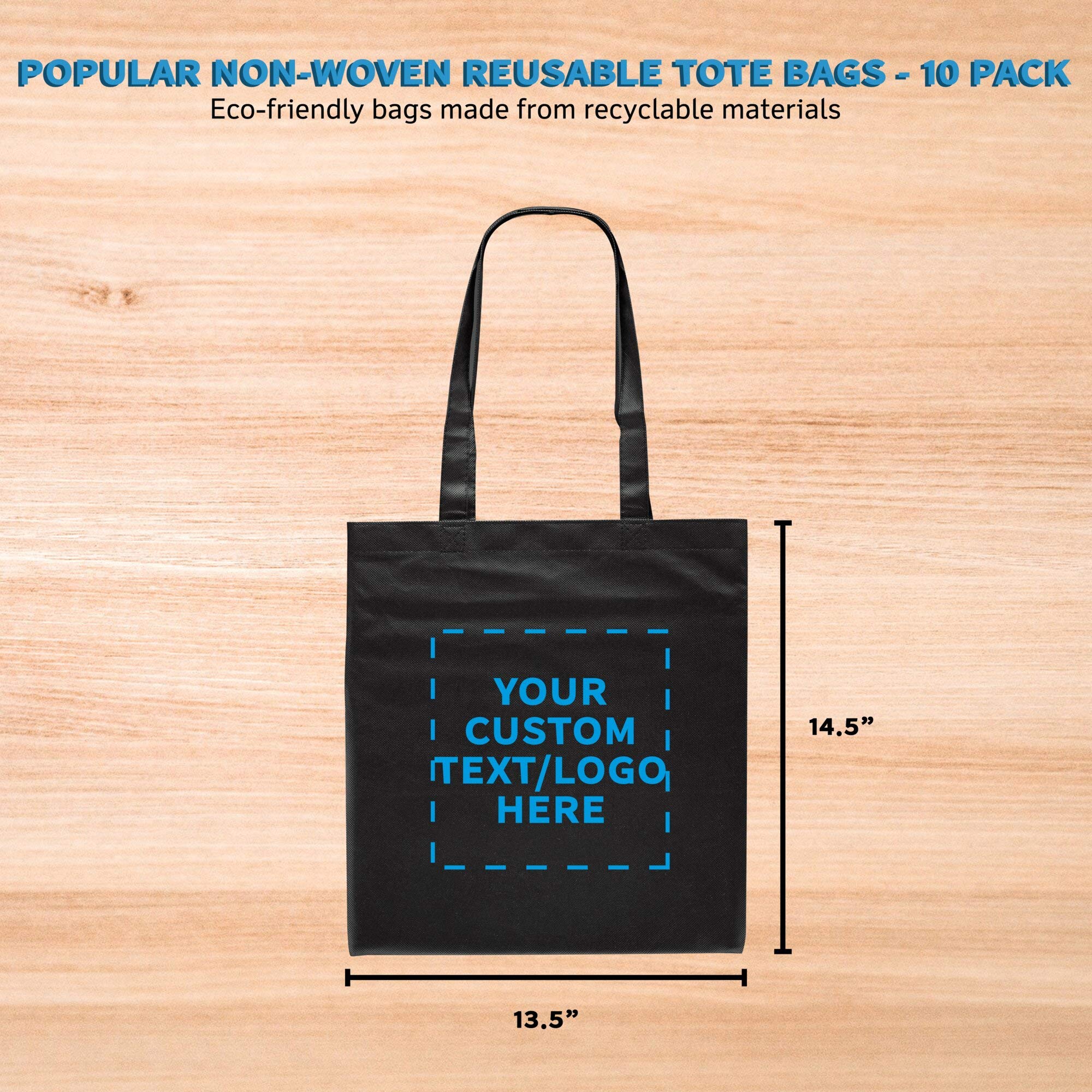 Tote Bags - Non-Woven Bag Totes - 10 pack - Customizable Text, Logo - Reusable Polypropylene Cloth Fabric - Black