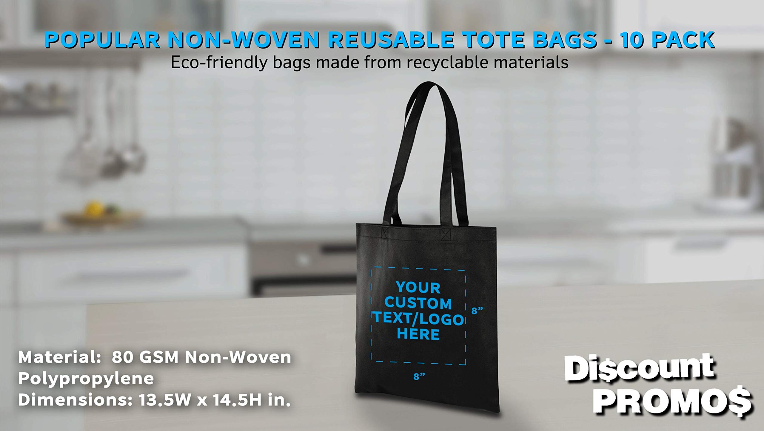 Tote Bags - Non-Woven Bag Totes - 10 pack - Customizable Text, Logo - Reusable Polypropylene Cloth Fabric - Black