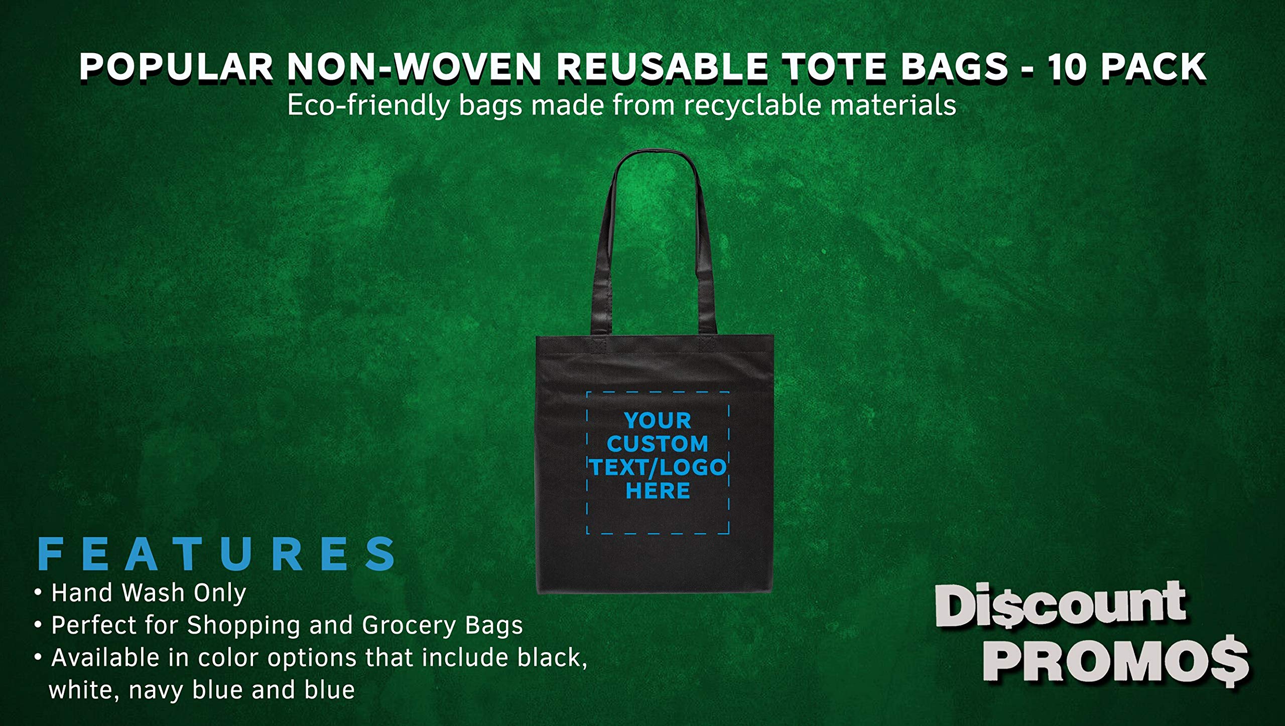 Tote Bags - Non-Woven Bag Totes - 10 pack - Customizable Text, Logo - Reusable Polypropylene Cloth Fabric - Black