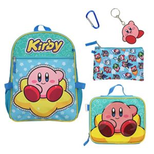 bioworld kirby 5-piece set: 16" backpack, lunchbox, utility case, rubber keychain, and carabiner
