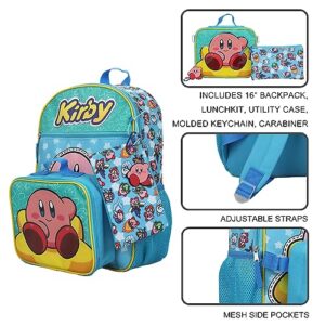 Bioworld Kirby 5-Piece Set: 16" Backpack, Lunchbox, Utility Case, Rubber Keychain, and Carabiner