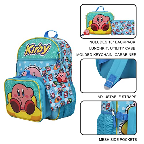 Bioworld Kirby 5-Piece Set: 16" Backpack, Lunchbox, Utility Case, Rubber Keychain, and Carabiner