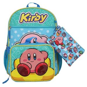 Bioworld Kirby 5-Piece Set: 16" Backpack, Lunchbox, Utility Case, Rubber Keychain, and Carabiner