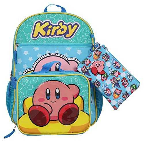 Bioworld Kirby 5-Piece Set: 16" Backpack, Lunchbox, Utility Case, Rubber Keychain, and Carabiner