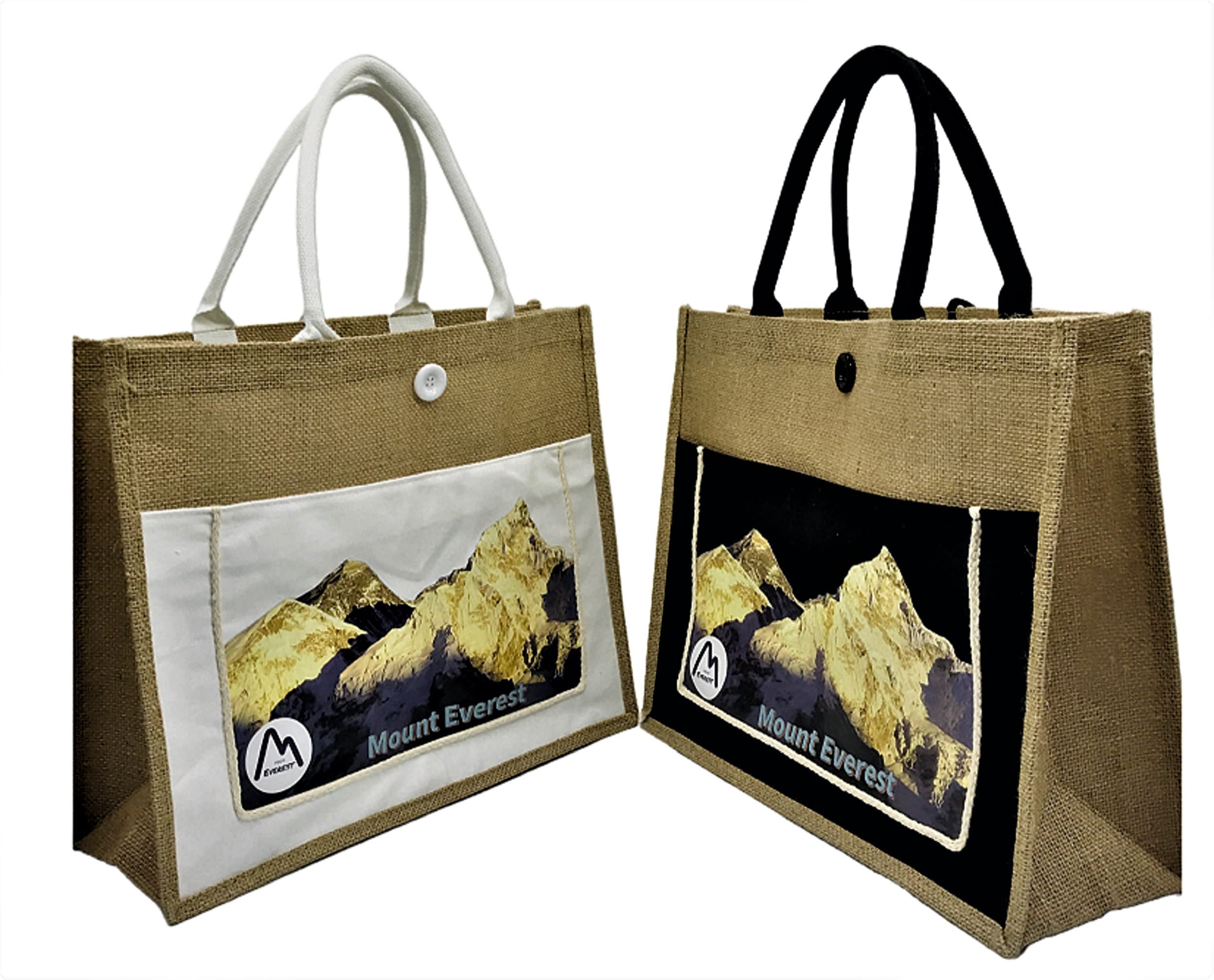 Mount Everest Jute Reusable Grocery Bag, Tote Bag, Canvas Tote Bag, Grocery bag -Black & White (Pack of 2)