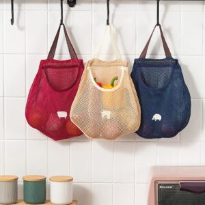 Cosmos 3 Pcs Reusable Hanging Storage Mesh Bags Wall Mount Hanging Home Kitchen Grocery Bag Organizer Storage Produce Tote Bags for Potatoes, Fruit, Garlics, Onions, Vegetables