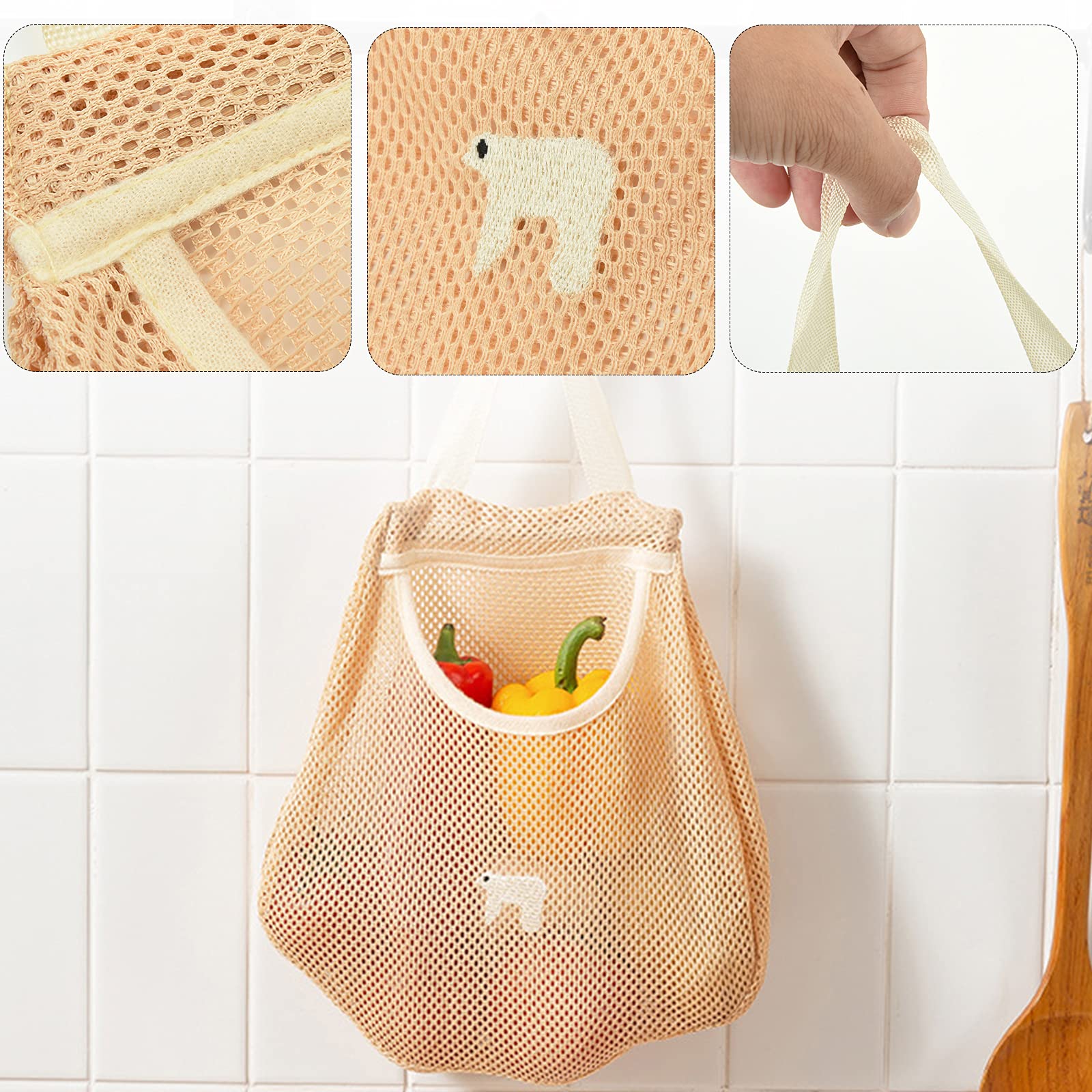 Cosmos 3 Pcs Reusable Hanging Storage Mesh Bags Wall Mount Hanging Home Kitchen Grocery Bag Organizer Storage Produce Tote Bags for Potatoes, Fruit, Garlics, Onions, Vegetables