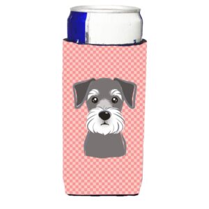 caroline's treasures bb1206muk checkerboard pink schnauzer ultra hugger for slim cans can cooler sleeve hugger machine washable drink sleeve hugger collapsible insulator beverage insulated holder