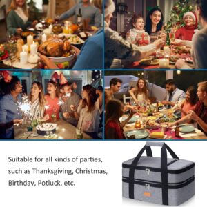 Poruary Double Casserole Carrier for Hot or Cold Food,Expandable Insulated Bag,Perfect Lasagna Holder Tote for Potlucks, Picnics,Beaches,Traveling or Gifts,Fits 9“x13” Baking Dish,Gray