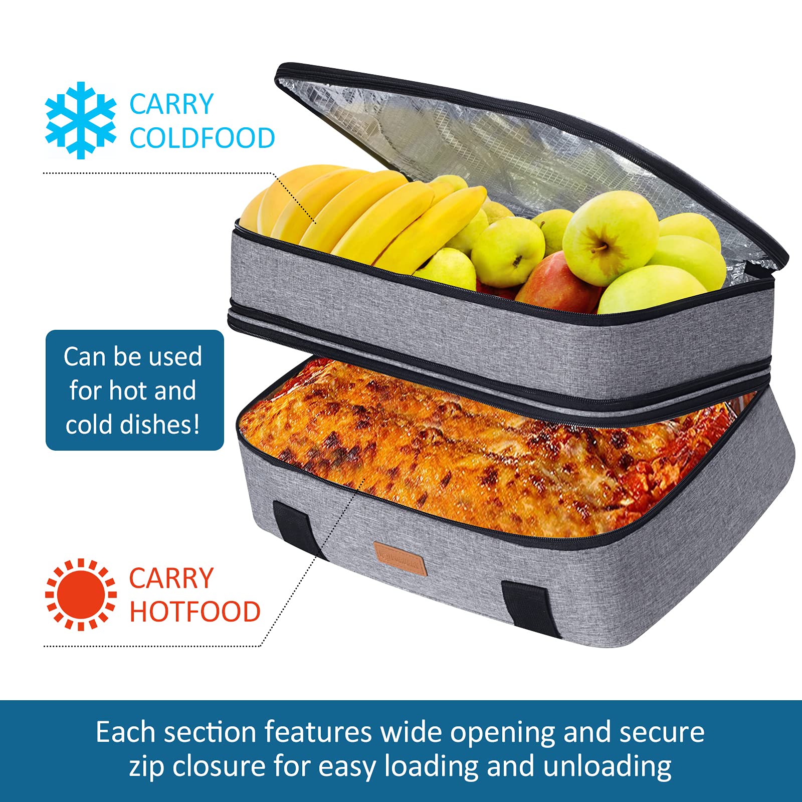 Poruary Double Casserole Carrier for Hot or Cold Food,Expandable Insulated Bag,Perfect Lasagna Holder Tote for Potlucks, Picnics,Beaches,Traveling or Gifts,Fits 9“x13” Baking Dish,Gray