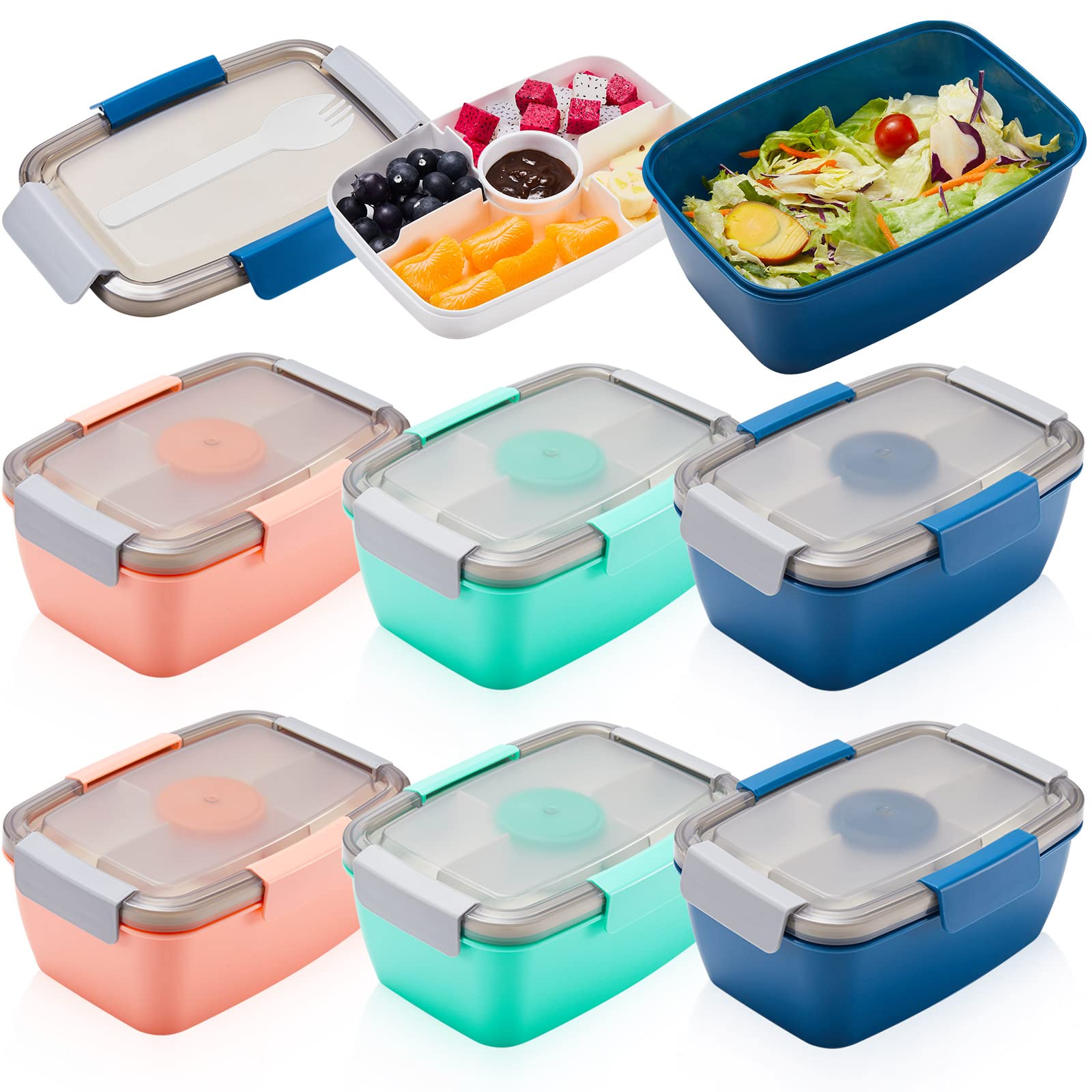 Tessco 6 Pcs Large Salad Container for Lunch 68 oz Salad Bowls Stackable Lunch Box Containers with 5 Compartment and Sauce Cups for Adults Meal Snack Food Dressing Fruit, Pink Green Blue