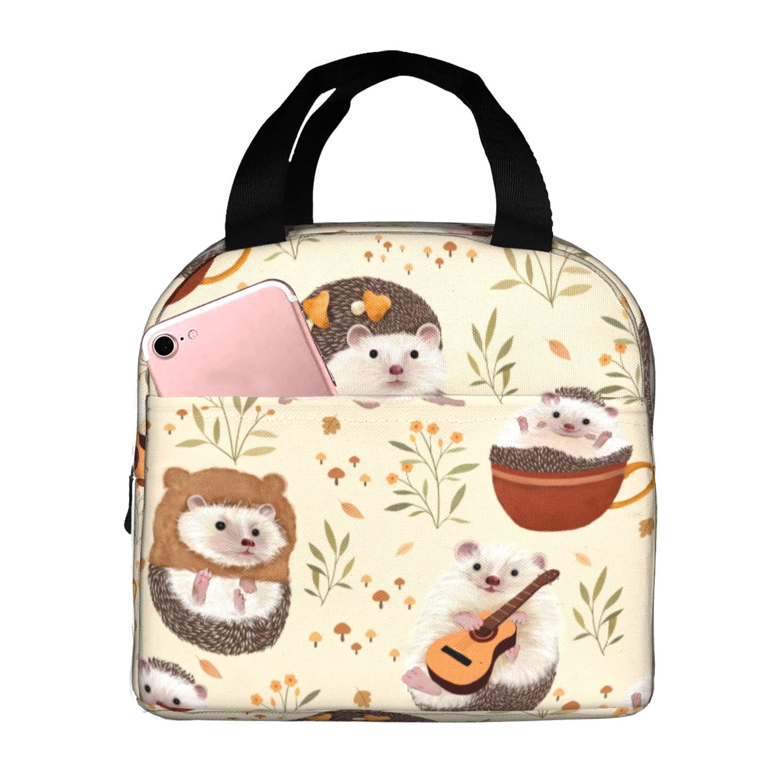 Odfovowo Portable Lunch Bags Hedgehogs Insulated Lunch Box Reusable Cooler Tote Bag with Front Pocket for Women Men Adults Work Picnic Travel