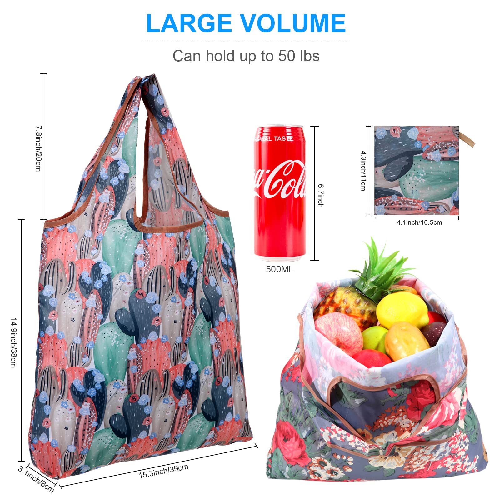 Oudduo Floral Washable Bag for Grocery 6 Pack Foldable Grocery Bag Polyester Shopping Tote Heavy Duty Durable