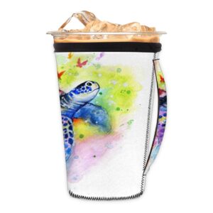 Colorful Sea Turtle Animals Reusable Iced Coffee Sleeves Neoprene Sleeve Cup Cover with Handle for Cold Drinks Beverages Drink Sleeve Holder 30-32oz