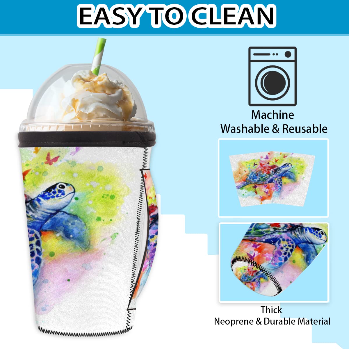 Colorful Sea Turtle Animals Reusable Iced Coffee Sleeves Neoprene Sleeve Cup Cover with Handle for Cold Drinks Beverages Drink Sleeve Holder 30-32oz