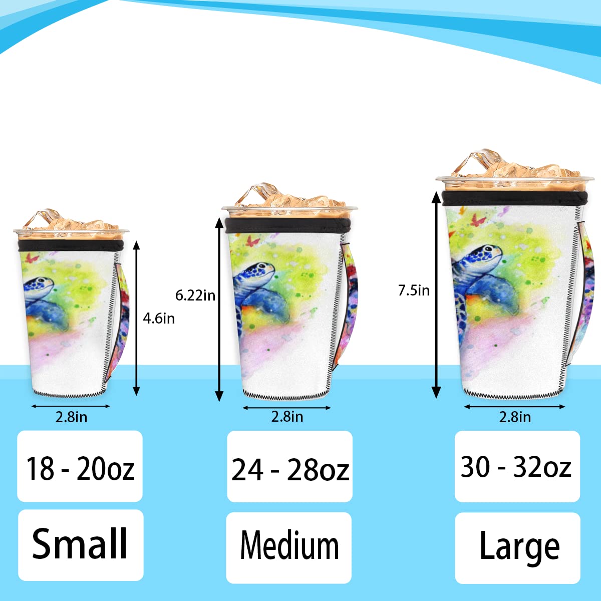 Colorful Sea Turtle Animals Reusable Iced Coffee Sleeves Neoprene Sleeve Cup Cover with Handle for Cold Drinks Beverages Drink Sleeve Holder 30-32oz