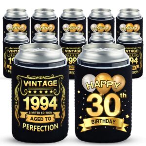 greatingreat 30th birthday can cooler sleeves pack of 12-30th anniversary decorations- vintage 1994-30th birthday party supplies - black and gold thirtieth birthday cup coolers