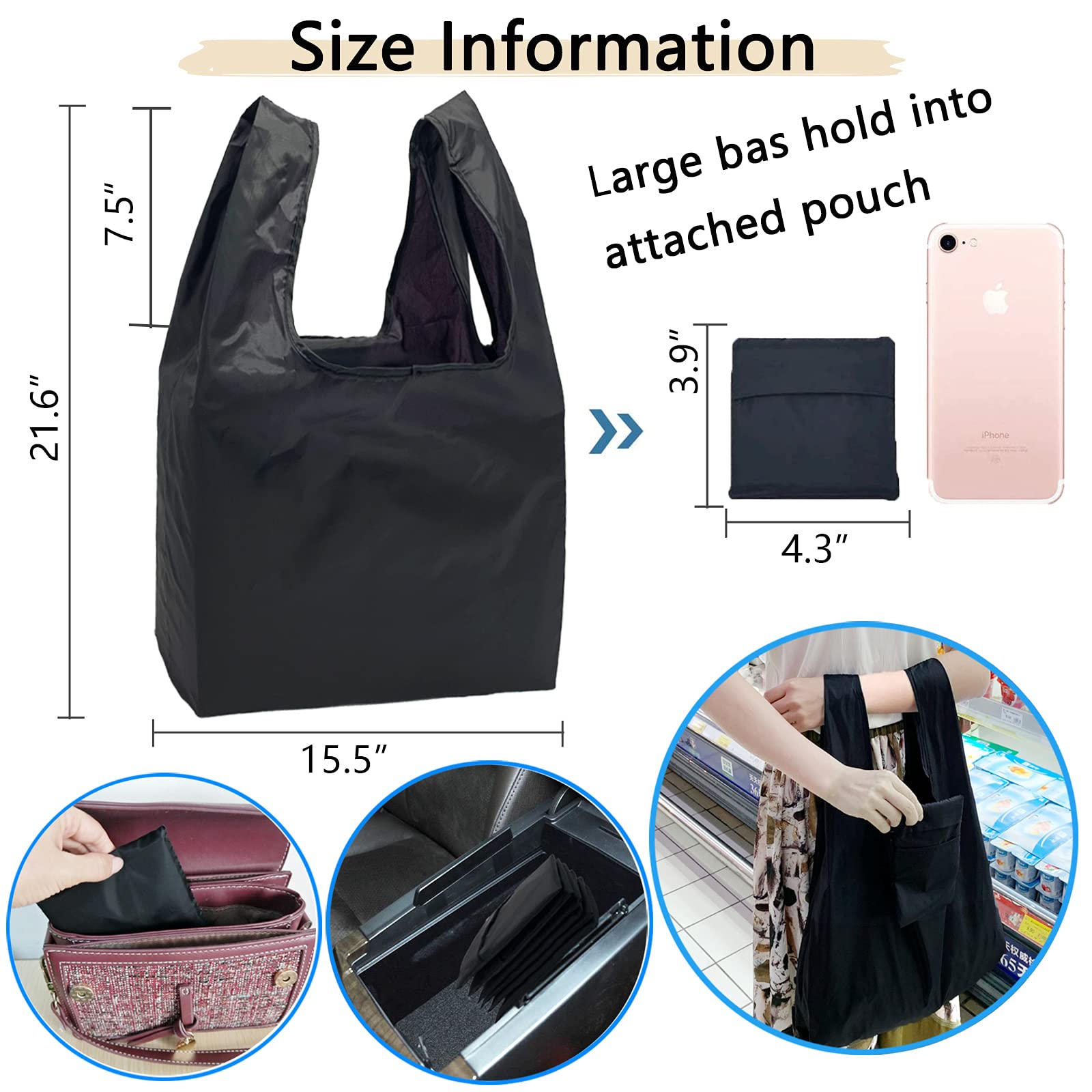 LKEX 6 Pack Reusable Grocery Bags Black Large Foldable Reusable Shopping Bags with Attach Pouch Fashion Eco-Friendly Bag Lightweight & Durable Tote Bags Machine Washable for Women Men (Black)