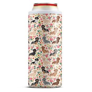 dachshund dog & flower skinny can cooler for slim beer & hard seltzer doucle-walled stainless steel insulated slim cans 12 oz white