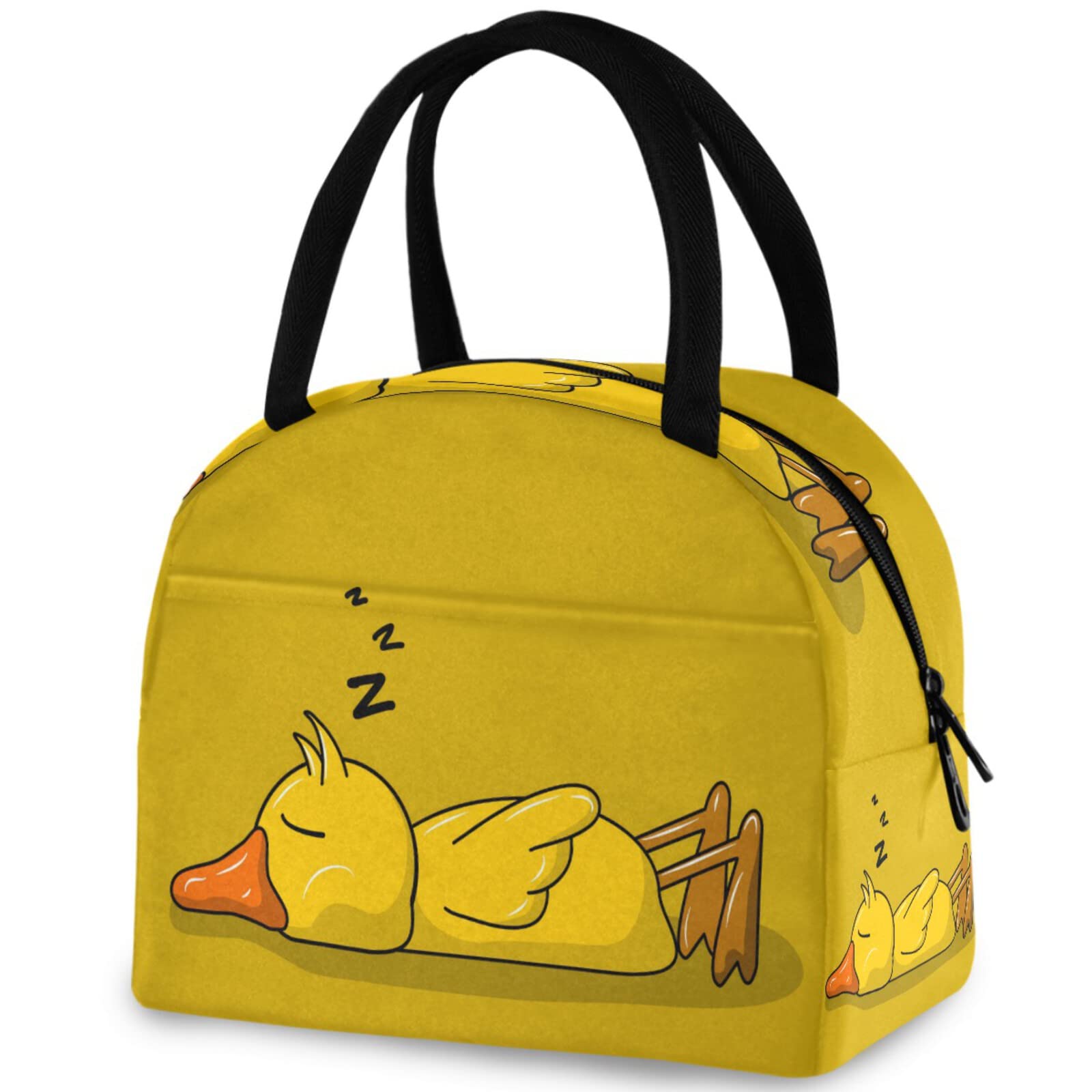 ZzWwR Funny Cartoon Duck Reusable Lunch Tote Bag with Front Pocket Insulated Thermal Cooler Container Bag for Back to School Work Travel Fishing Picnic Beach