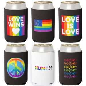 super vibrant, be proud lgbtqia coolies 6 pc set. gay pride premium soda can cooler pack. collapsible lgbtq ally neoprene novelty drink sleeves for pop, wine coolers, beer and other canned beverages