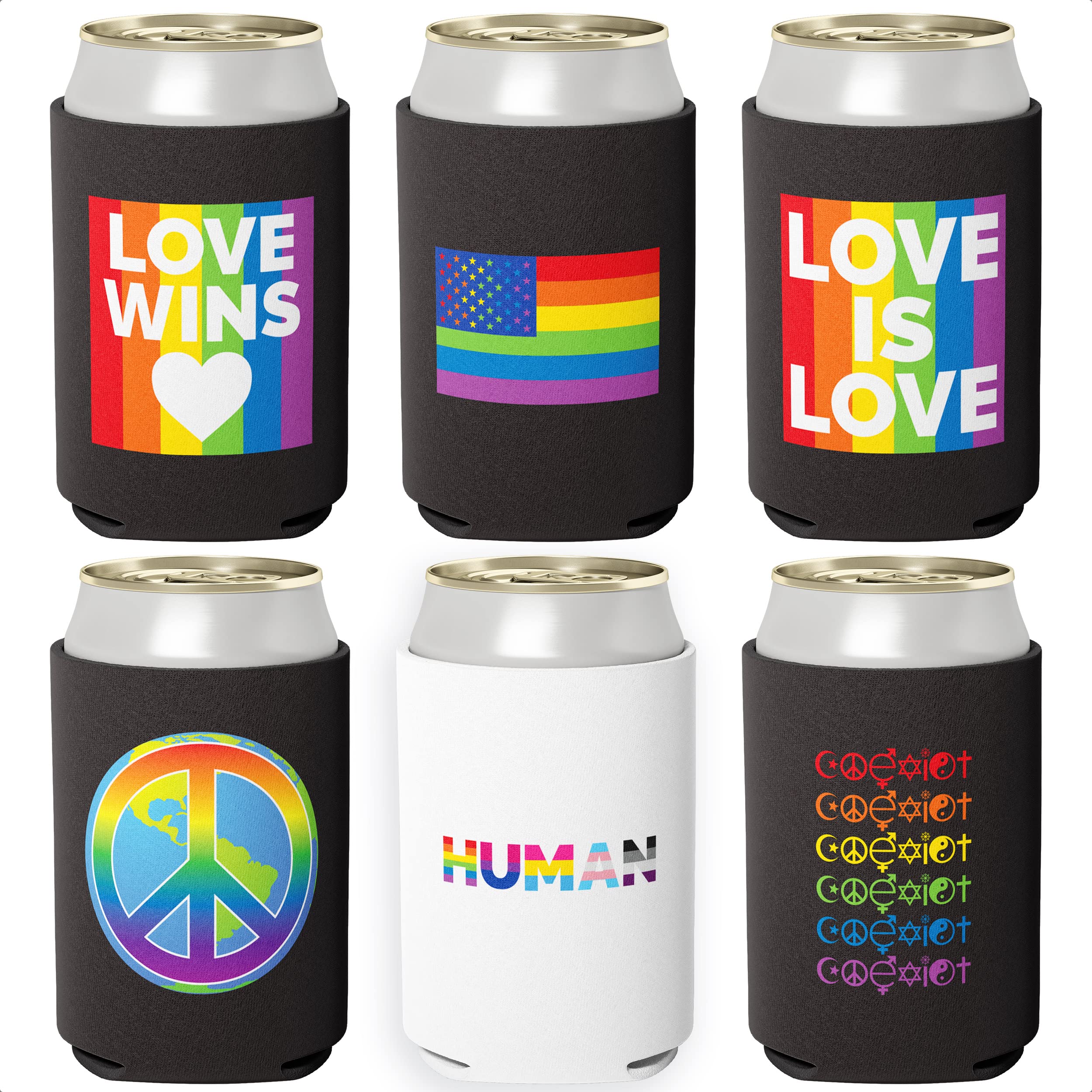 Super Vibrant, Be Proud LGBTQIA Coolies 6 Pc Set. Gay Pride Premium Soda Can Cooler Pack. Collapsible LGBTQ Ally Neoprene Novelty Drink Sleeves for Pop, Wine Coolers, Beer and Other Canned Beverages