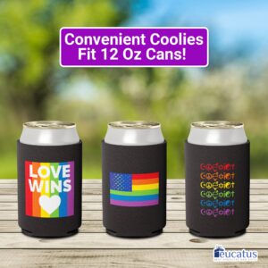 Super Vibrant, Be Proud LGBTQIA Coolies 6 Pc Set. Gay Pride Premium Soda Can Cooler Pack. Collapsible LGBTQ Ally Neoprene Novelty Drink Sleeves for Pop, Wine Coolers, Beer and Other Canned Beverages