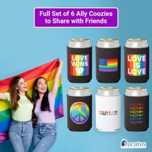 Super Vibrant, Be Proud LGBTQIA Coolies 6 Pc Set. Gay Pride Premium Soda Can Cooler Pack. Collapsible LGBTQ Ally Neoprene Novelty Drink Sleeves for Pop, Wine Coolers, Beer and Other Canned Beverages