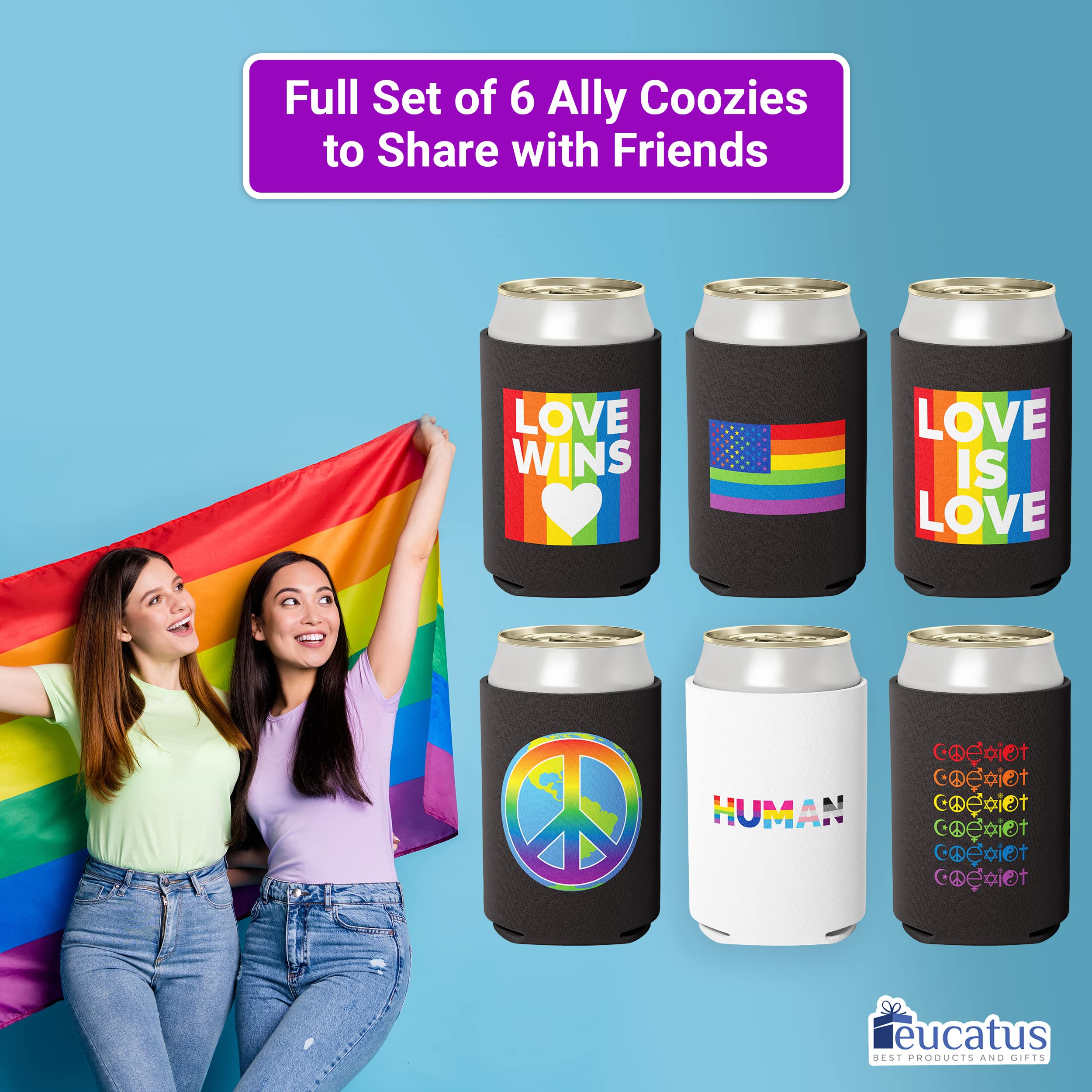 Super Vibrant, Be Proud LGBTQIA Coolies 6 Pc Set. Gay Pride Premium Soda Can Cooler Pack. Collapsible LGBTQ Ally Neoprene Novelty Drink Sleeves for Pop, Wine Coolers, Beer and Other Canned Beverages