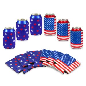 12 pcs can cooler sleeves - american flag soda beer drink coolies - insulated collapsible cooler holder to glass or bottle for american independence day, national day (usa flag horizontal + star blue)