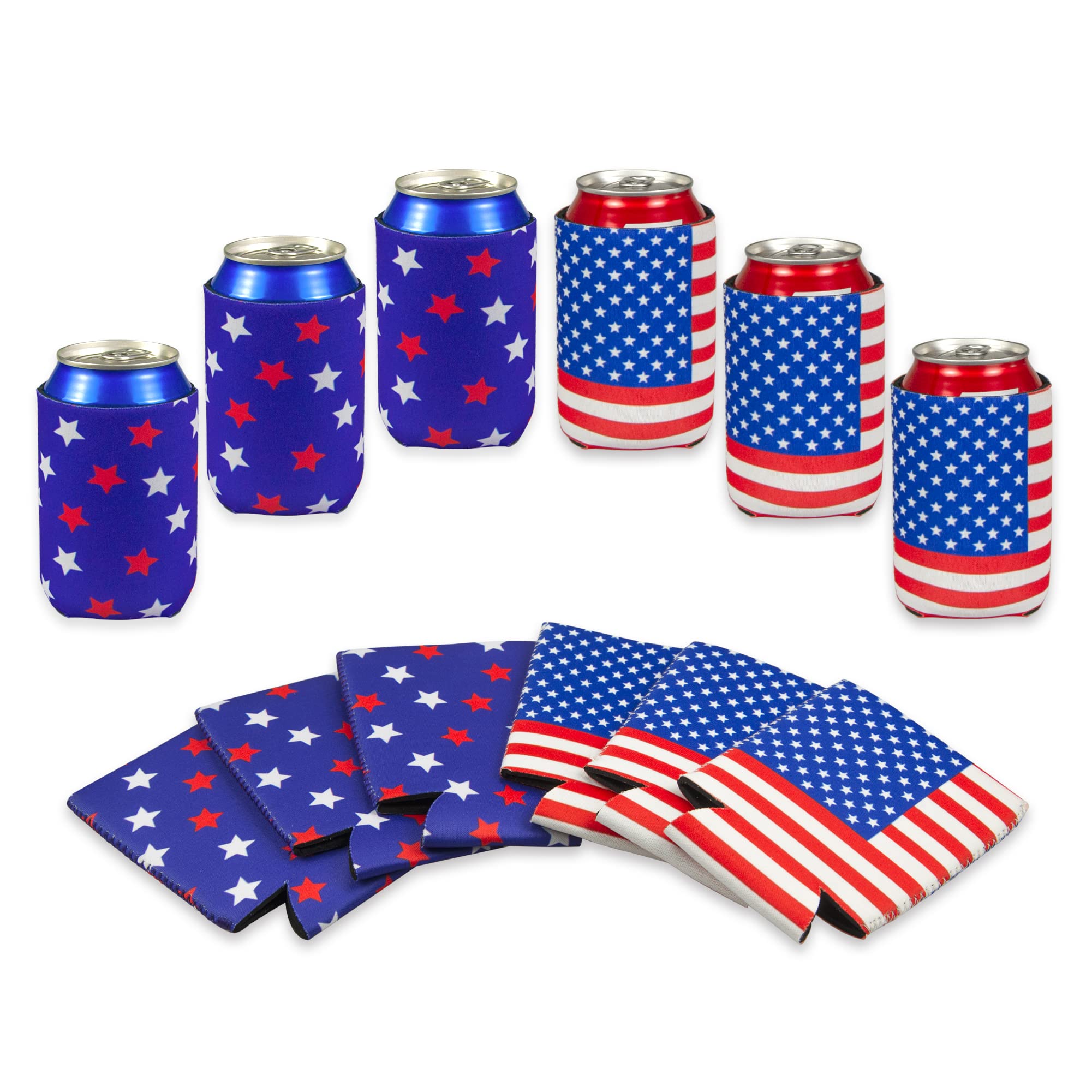 12 PCS Can Cooler Sleeves - American Flag Soda Beer Drink Coolies - Insulated Collapsible Cooler Holder to Glass or Bottle for American Independence Day, National Day (USA Flag Horizontal + Star Blue)