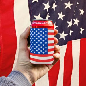 12 PCS Can Cooler Sleeves - American Flag Soda Beer Drink Coolies - Insulated Collapsible Cooler Holder to Glass or Bottle for American Independence Day, National Day (USA Flag Horizontal + Star Blue)
