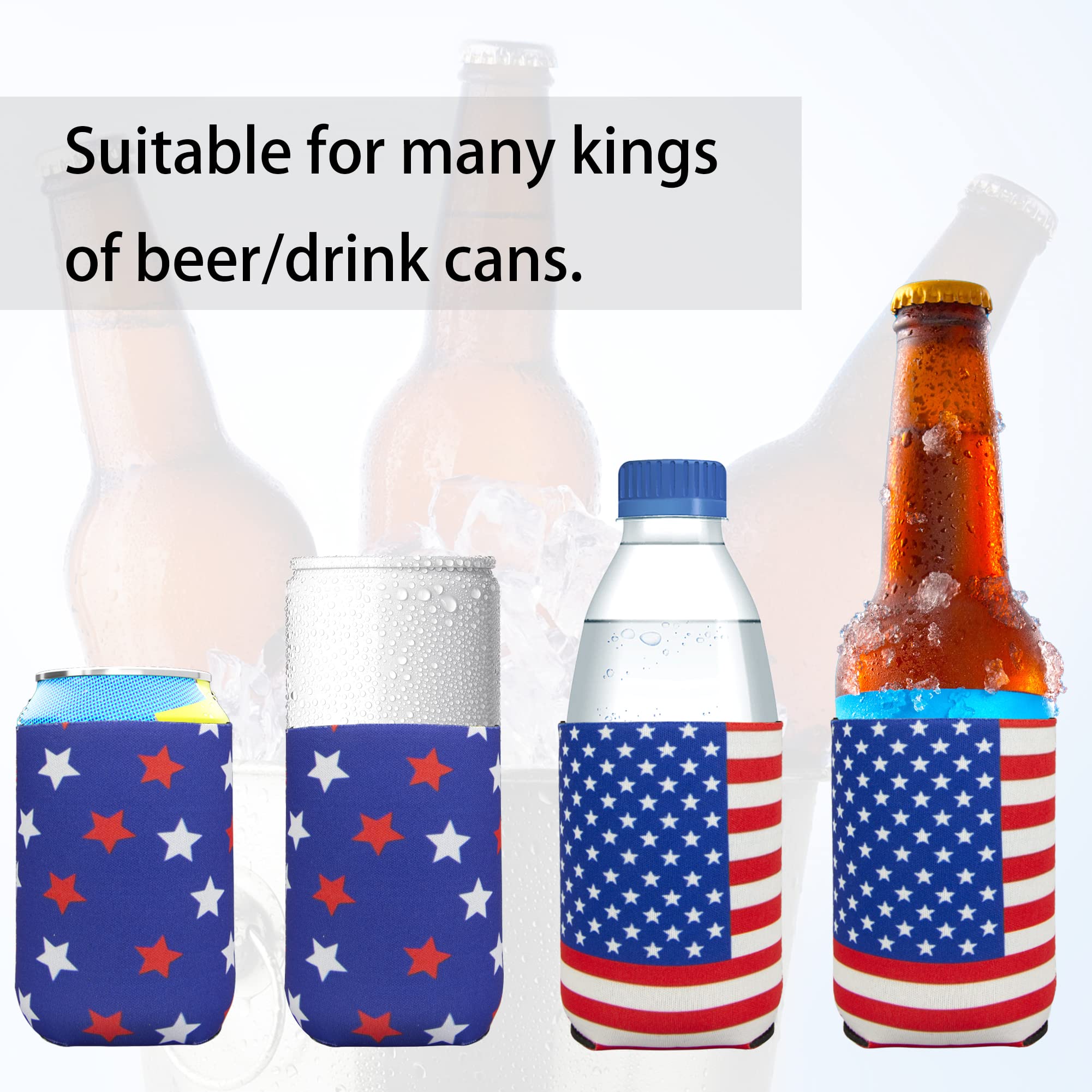 12 PCS Can Cooler Sleeves - American Flag Soda Beer Drink Coolies - Insulated Collapsible Cooler Holder to Glass or Bottle for American Independence Day, National Day (USA Flag Horizontal + Star Blue)