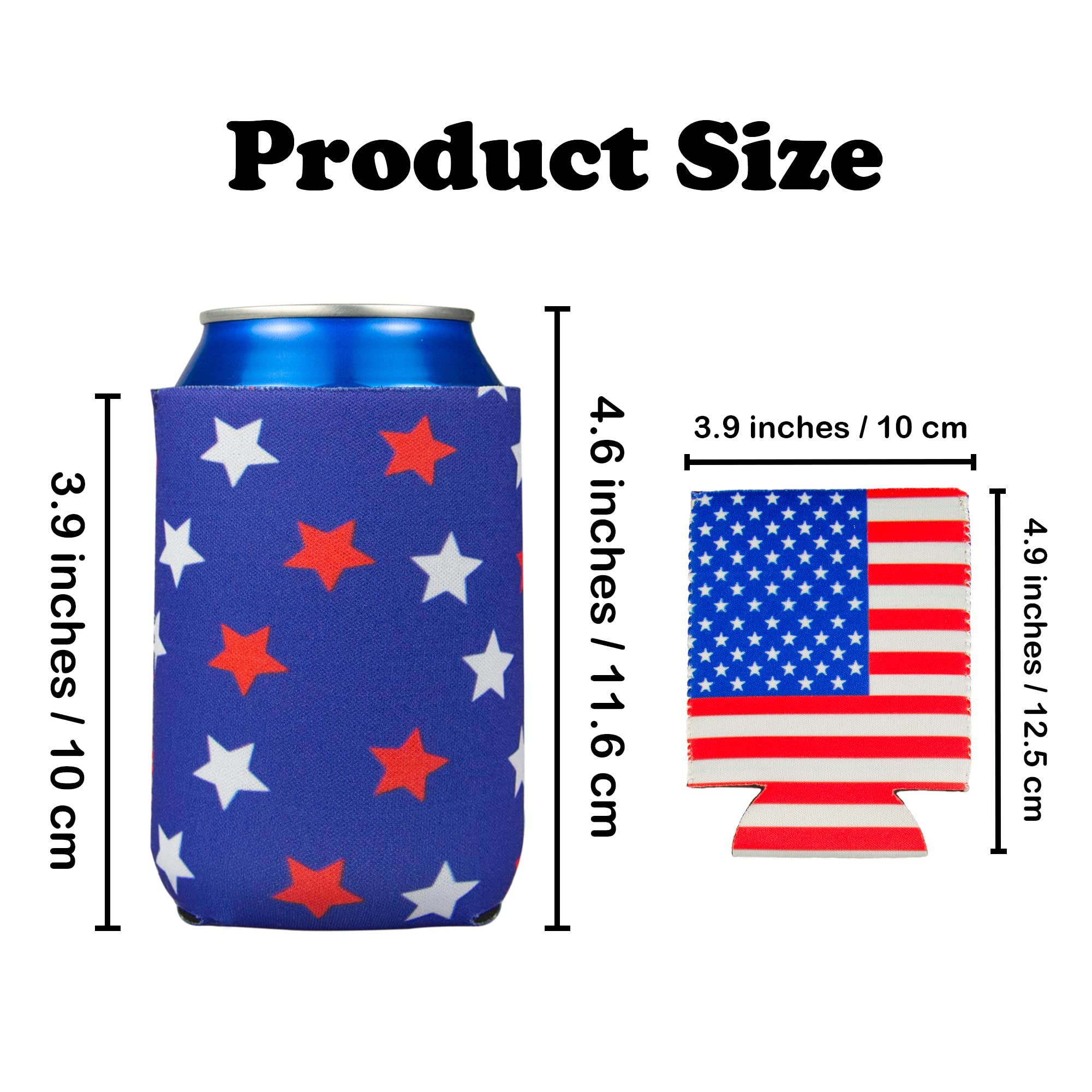 12 PCS Can Cooler Sleeves - American Flag Soda Beer Drink Coolies - Insulated Collapsible Cooler Holder to Glass or Bottle for American Independence Day, National Day (USA Flag Horizontal + Star Blue)