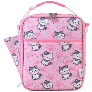 kasqo lunch box bag for girls, insulated cute lunch bag with shoulder strap water bottle holder mini cooler thermal meal tote kit for kids, pink kitten
