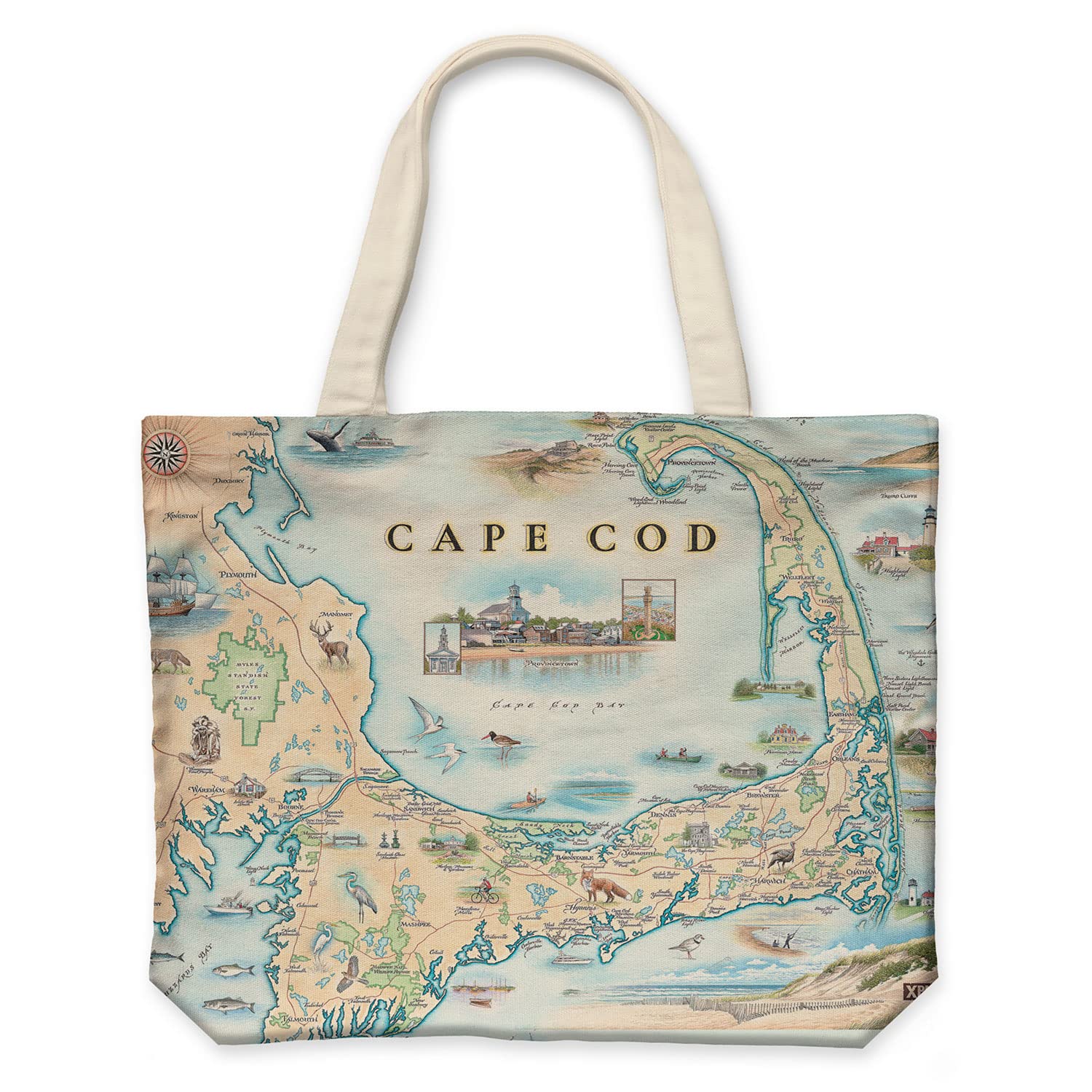 Xplorer Maps Cape Cod Map Canvas Tote Bag with Handles, Cloth Grocery Shopping Bag, Reusable & Eco-friendly Bag, 100% Cotton, Washable, 18 wide x 15 tall