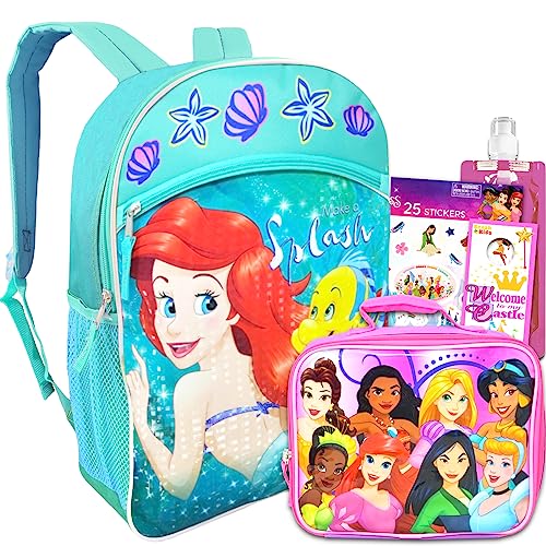 Disney The Little Mermaid Backpack with Lunch Box - Bundle with 16” Ariel Backpack, Lunch Bag, Water Bottle, Stickers, More | Ariel Backpack for Kids