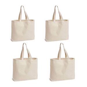 wowsea natural canvas tote bags, 4 pcs reusable 24oz shopping bag diy pattern for crafting and decorating sturdy washable grocery tote bag (beige)