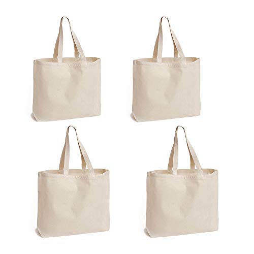 WOWSEA Natural Canvas Tote Bags, 4 pcs Reusable 24oz Shopping Bag DIY pattern for Crafting and Decorating Sturdy Washable Grocery Tote Bag (Beige)