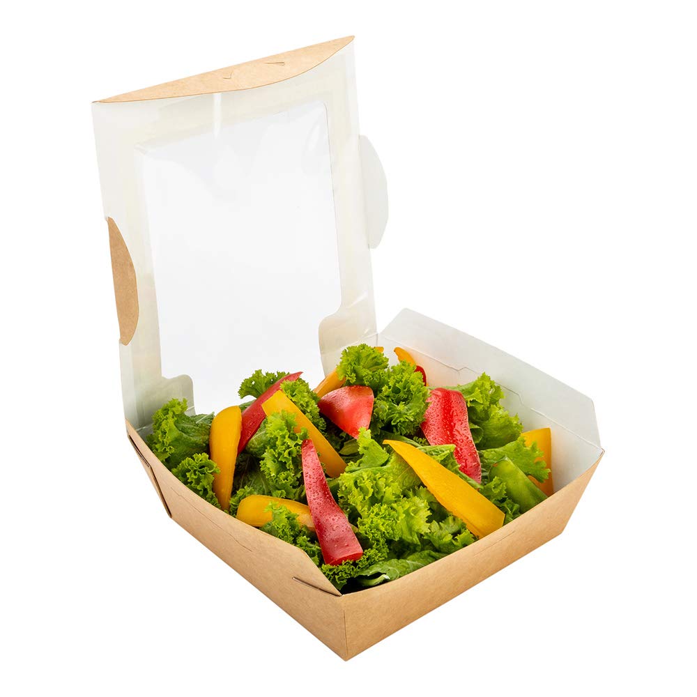 Restaurantware Cafe Vision 26 Ounce Salad Boxes 50 Greaseproof Baked Goods Gift Boxes - Built-In Clamshell Lid Clear Window Kraft Paper Brownie Boxes For Salads And Desserts