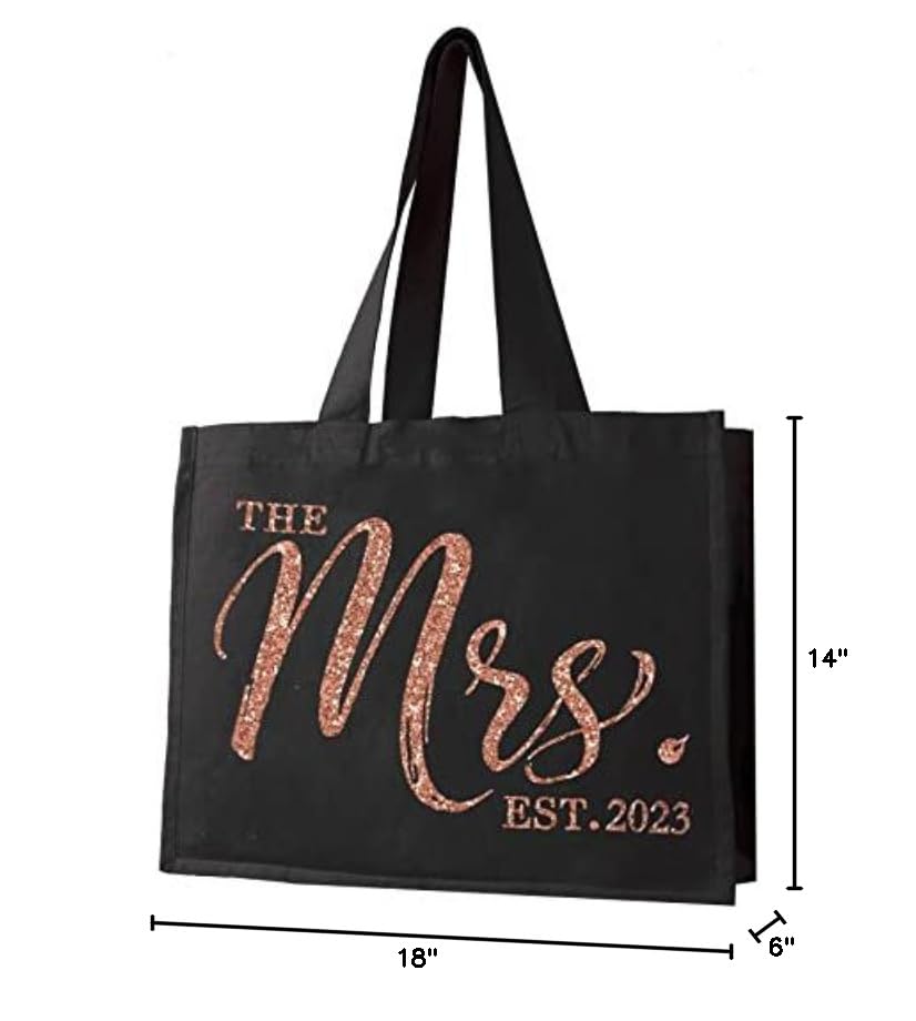 RhinestoneSash Rose Gold Bride Tote - The Mrs. Est. 2025 Rose Gold Glitter CHIC Cotton Canvas Tote Bag - Bridal Shower Gift - Black Tote(Chic 2025 RsG) Blk