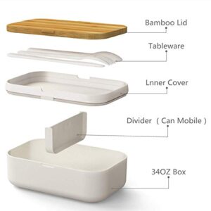 invvni Bento Box Adult for Lunch Box Bamboo Lunch Containers for Adults Leakproof, Airtight, Bpa Free, White