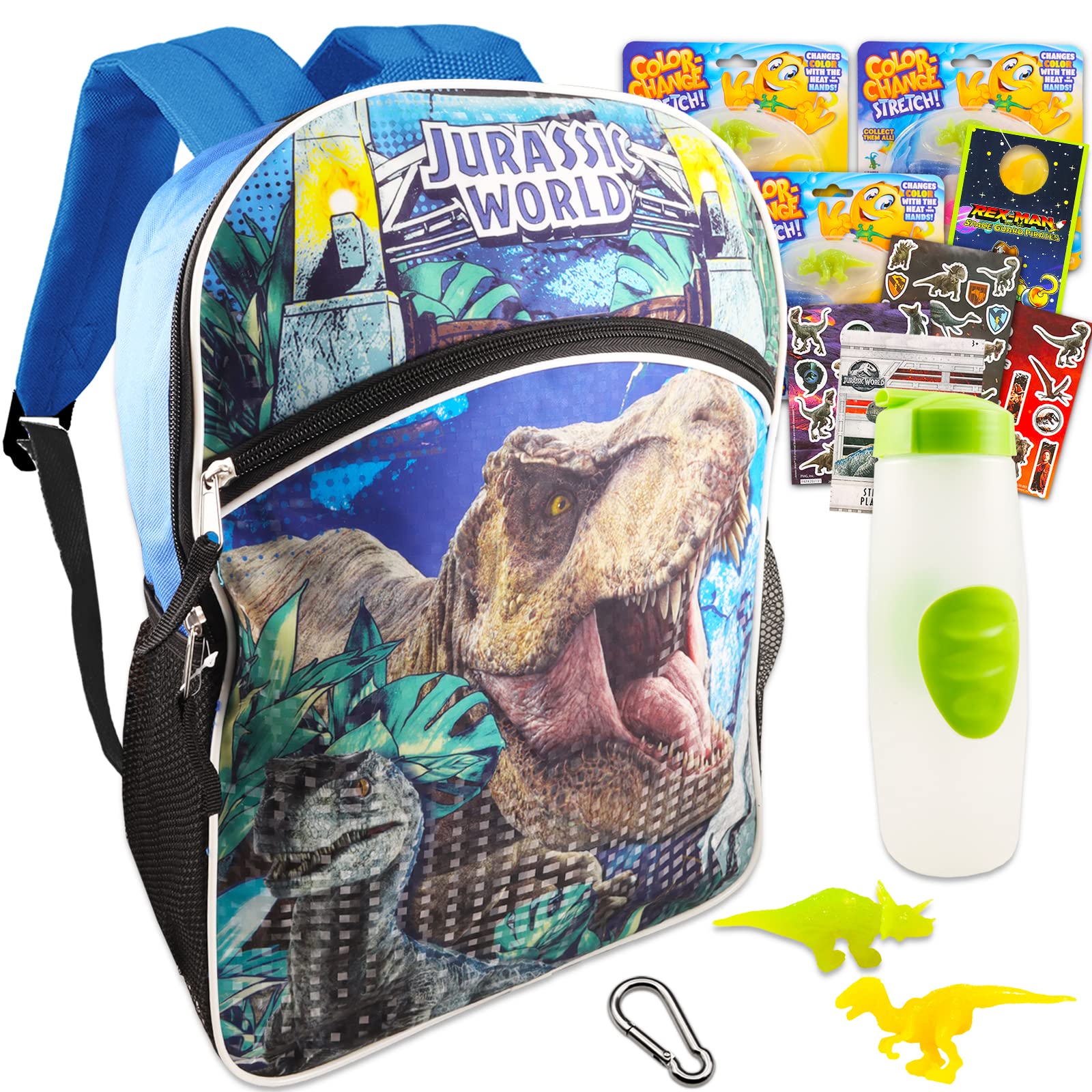 Jurassic World Backpack for Kids, Toddlers - Jurassic Park School Supplies Bundle with 16” T-Rex School Bag Plus Stickers, Water Pouch, and More (Dinosaur Travel Bag)