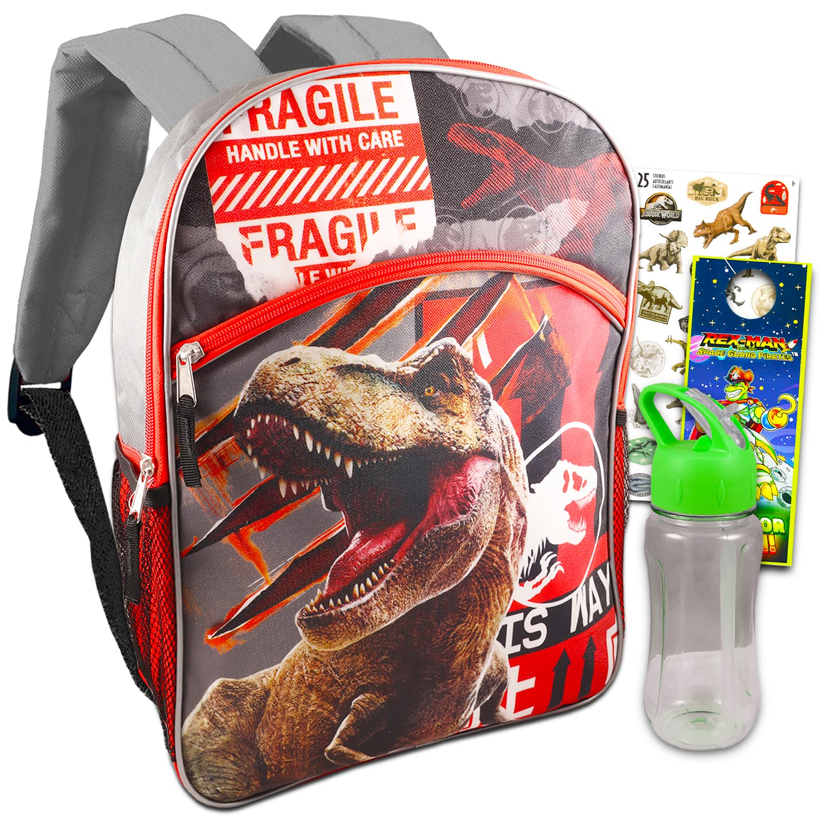 Jurassic World Backpack for Kids, Toddlers - Jurassic Park School Supplies Bundle with 16” T-Rex School Bag Plus Stickers, Water Pouch, and More (Dinosaur Travel Bag)