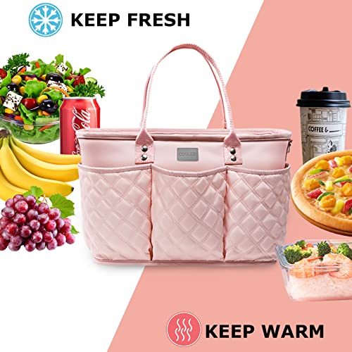 AMOIGEE Women's Insulated Lunch Bag, Pink, 24 Can Capacity, Nylon Material, Leak Proof, Wipeable, Stylish Design