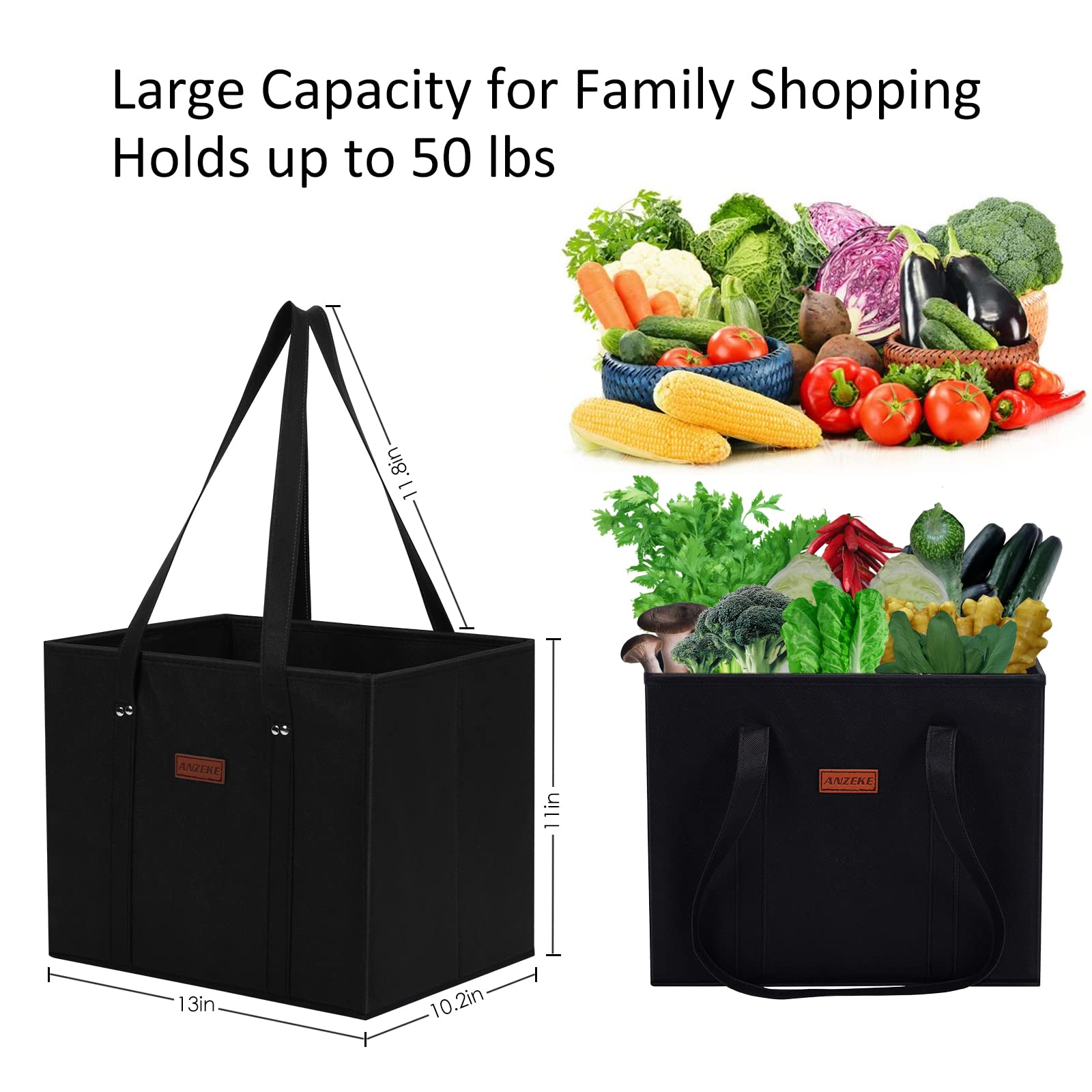 ANZEKE 4 Pack Reusable Grocery Bags Shopping Bag with Reinforced Bottom and Handles,Collapsible, Durable and Eco Friendly for Shopping,Groceries, Storage, Picnic, Beach, Pool, Laundry (Black)